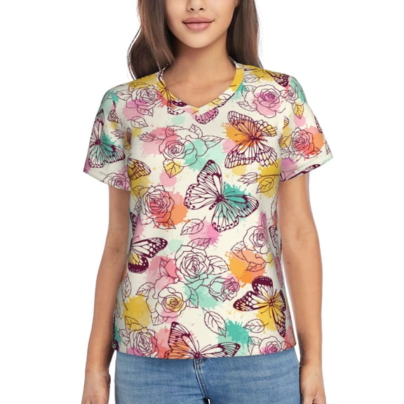 Yiaed Butterflies and Roses Print Women's T Shirt V-Neck Short Sleeve Shirt Casual Breathable Tee Summer Tops-XX-Large
