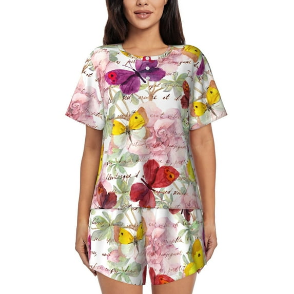 Yiaed Butterflies and Vintage Print Short Sleeve Pajama Sets for Women Casual Crew Neck 2 Piece Lounge Sets Women's Short-Sleeved Pajama-XX-Large