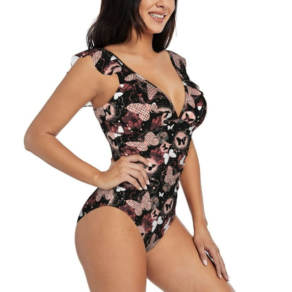 Yiaed Butterflies1 Print Women's Ruffled One Piece Swimsuit V Neck Swimwear Slimming Monokini for Woman-Large