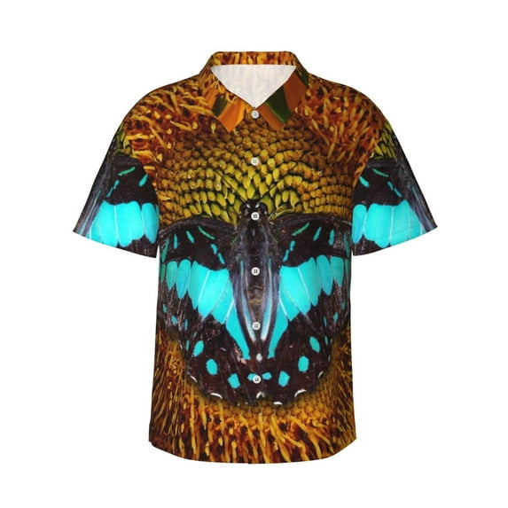 Yiaed Butterfly Alighted On Sunflowers Print Hawaiian Shirt for Men Short Sleeve Button Down Shirts Beach Shirts for Men,Medium