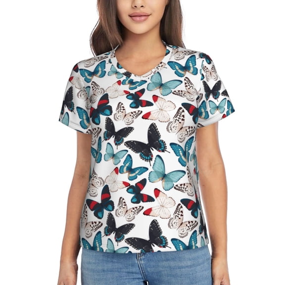 Yiaed Butterfly Print Women's T Shirt V-Neck Short Sleeve Shirt Casual Breathable Tee Summer Tops-Medium