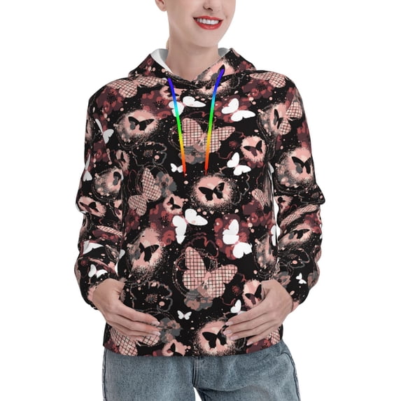 Yiaed Butterfly Print Womens Casual Hoodies Crew Neck Long Sleeve Sweatshirts With Pocket Pullover Tops Women's Hooded Sweatshirt-X-Large