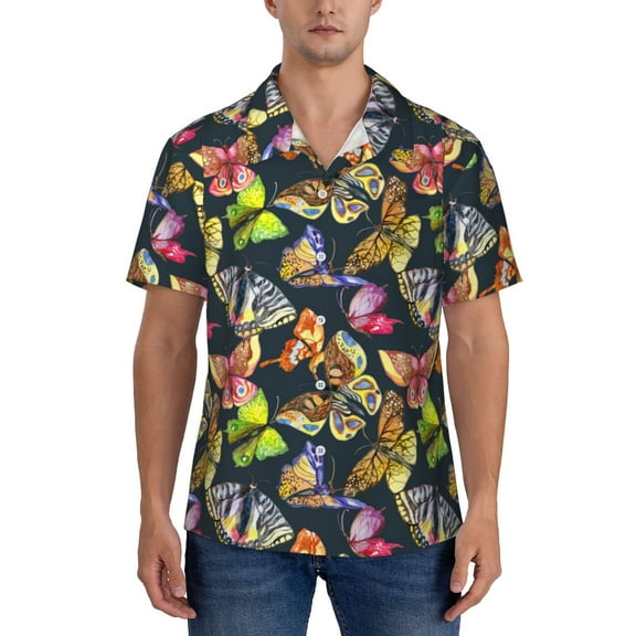 Yiaed Butterfly Wild Insect Print Hawaiian Shirt for Men Short Sleeve Button Down Shirts Beach Shirts for Men-Medium