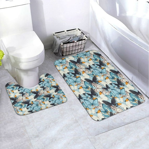 Yiaed Butterflys Print Bathroom Mat Set 2 Pieces Mat Anti-Skid Pad Ultra Soft and Absorbent Bathroom Bath Mat Contour Bath Rugs for Toilet Base