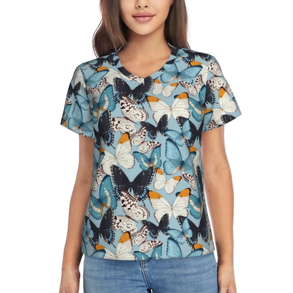 Yiaed Butterflys Print Women's T Shirt V-Neck Short Sleeve Shirt Casual Breathable Tee Summer Tops-X-Large