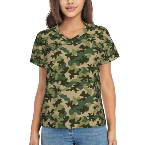 Yiaed Camouflag Print Women's T Shirt V-Neck Short Sleeve Shirt Casual Breathable Tee Summer Tops-Small