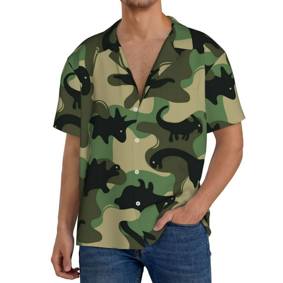 Yiaed Camouflage Dinosaur Print Mens Casual Wrinkle Free Shirts Short Sleeve Button Down Summer Stretch Dress Shirt-Small