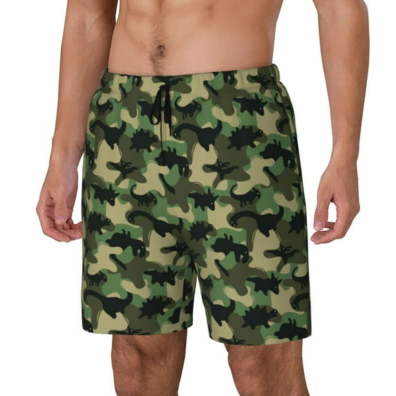 Yiaed Camouflage Dinosaur Print Mens Swim Trunks Bathing Suit Compression Liner Beach Swim Shorts Swimwear Quick Dry Zipper Pocket No-Chafing Board Short-Medium