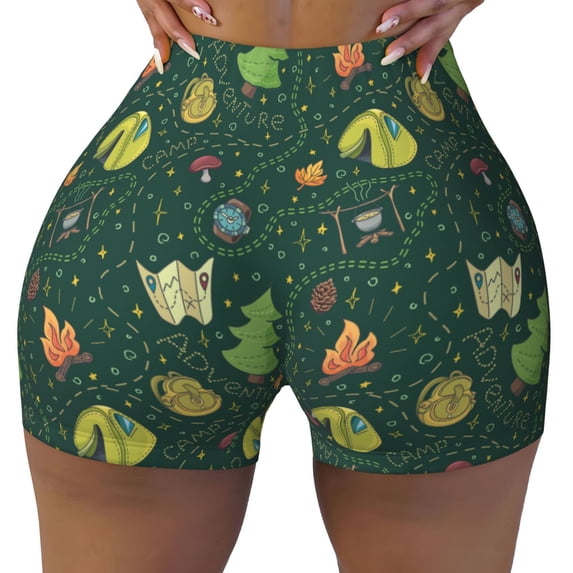 Yiaed Camp In The Forest Print Women's Athletic Shorts Running Shorts Sporty Short High Waisted Elastic Workout Shorts for Yoga Gym Running & Sports -Small