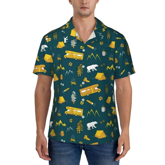 Yiaed Camping Print Hawaiian Shirt for Men Short Sleeve Button Down Shirts Beach Shirts for Men-Medium
