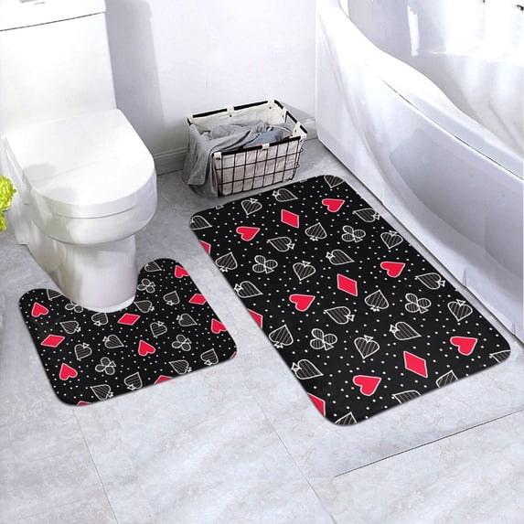 Yiaed Card Suits Print Bathroom Mat Set 2 Pieces Mat Anti-Skid Pad Ultra Soft and Absorbent Bathroom Bath Mat Contour Bath Rugs for Toilet Base
