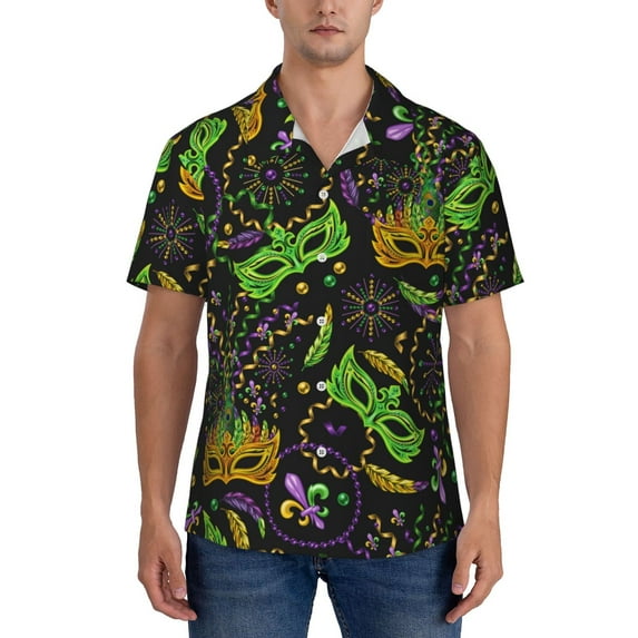 Yiaed Carnival Mardi Gras3 Print Hawaiian Shirt for Men Short Sleeve Button Down Shirts Beach Shirts for Men-Medium