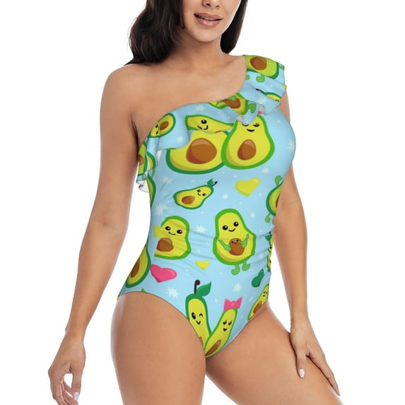 Yiaed Cartoon Avocado Print Women One Piece Swimsuits Tummy Control One Shoulder Bathing Suits Pattern Ruffle Swimwear-Large