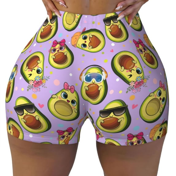 Yiaed Cartoon Avocados Print Women's Athletic Shorts Running Shorts Sporty Short High Waisted Elastic Workout Shorts for Yoga Gym Running & Sports -X-Large