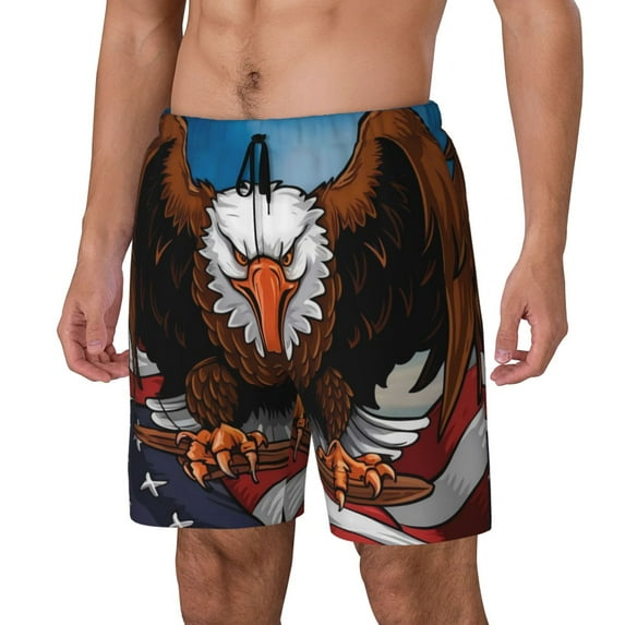 Yiaed Cartoon Bald Eagle USA Print Mens Swim Trunks Bathing Suit Compression Liner Beach Swim Shorts Swimwear Quick Dry Zipper Pocket No-Chafing Board Short-3X-Large