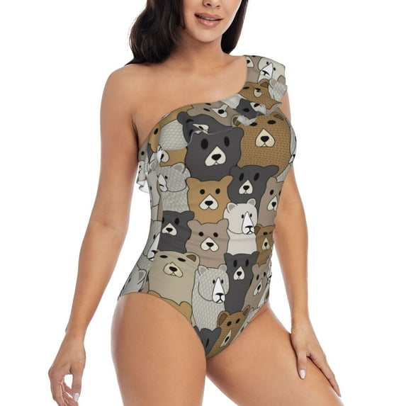 Yiaed Cartoon Bear Print Women One Piece Swimsuits Tummy Control One Shoulder Bathing Suits Pattern Ruffle Swimwear-Small