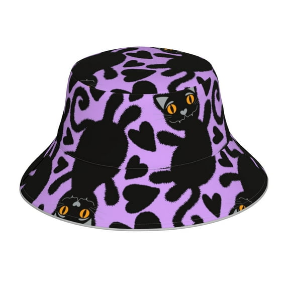 Yiaed Cartoon Black Cats Print Reflective Stripe Bucket Hat Unisex Funny Outdoor Fisherman Cap Beach Sun Hat