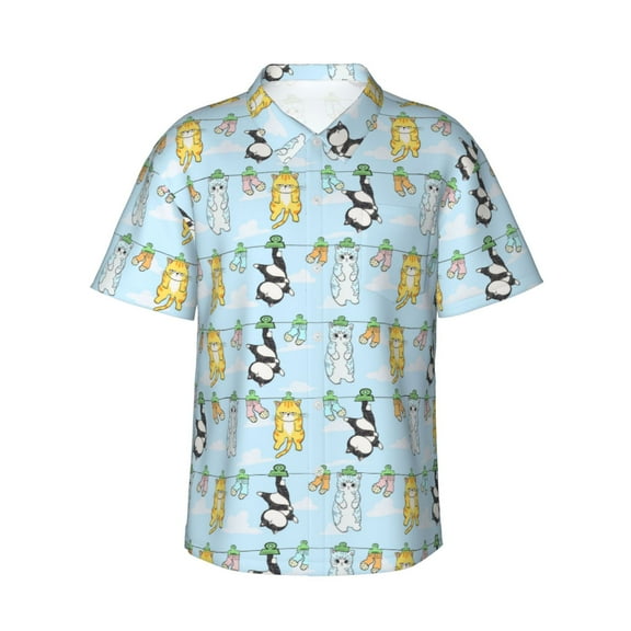 Yiaed Cartoon Cat Print Hawaiian Shirt for Men Short Sleeve Button Down Shirts Beach Shirts for Men,Large