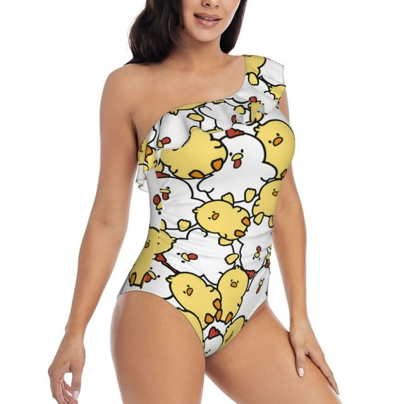 Yiaed Cartoon Chicken Print Women One Piece Swimsuits Tummy Control One Shoulder Bathing Suits Pattern Ruffle Swimwear-Large