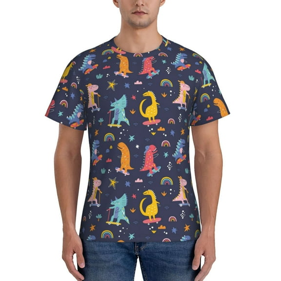 Yiaed Cartoon Dinosaur Print Mens Short Sleeve Tight Fit T-Shirt, Crewneck Casual Tee-3X-Large