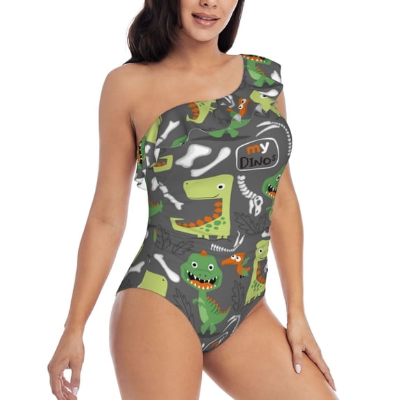Yiaed Cartoon Dinosaurs Print Women One Piece Swimsuits Tummy Control One Shoulder Bathing Suits Pattern Ruffle Swimwear-Large