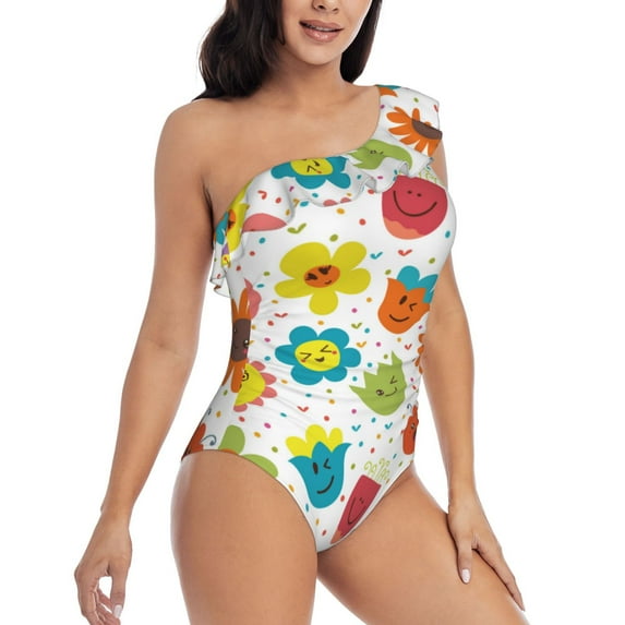 Yiaed Cartoon Flowers Print Women One Piece Swimsuits Tummy Control One Shoulder Bathing Suits Pattern Ruffle Swimwear-X-Large