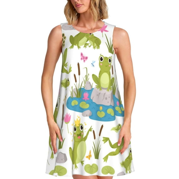 Yiaed Cartoon Frogs Print Women's Sleeveless Dress, Loose Fit Summer Dress, Casual Sleeveless Dress for Women