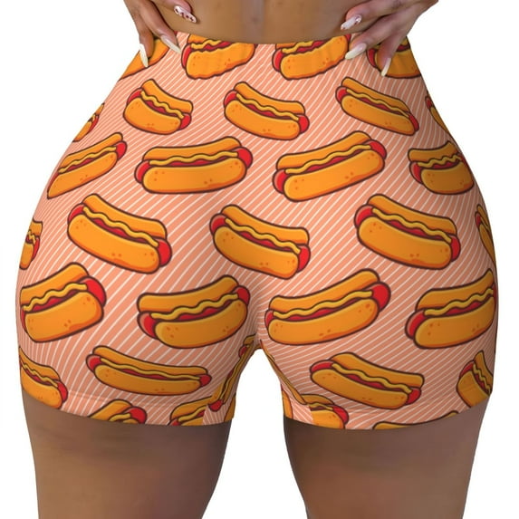 Yiaed Cartoon Hot Dog Print Women's Athletic Shorts Running Shorts Sporty Short High Waisted Elastic Workout Shorts for Yoga Gym Running & Sports -XX-Large