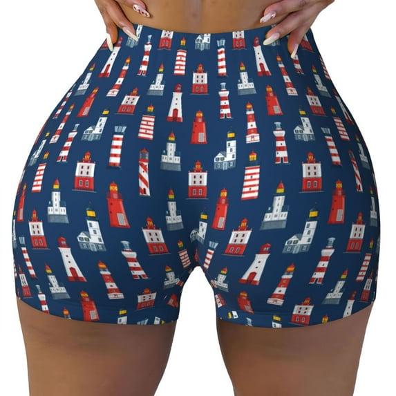 Yiaed Cartoon Lighthouse Print Women's Athletic Shorts Running Shorts Sporty Short High Waisted Elastic Workout Shorts for Yoga Gym Running & Sports -X-Large