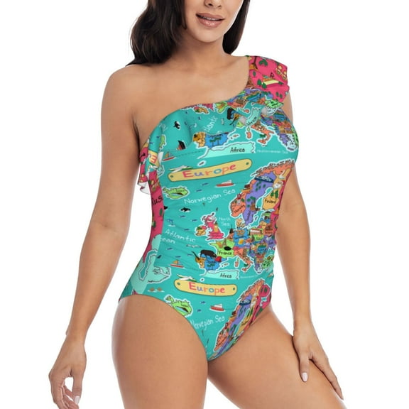 Yiaed Cartoon Map Of Europe Print Women One Piece Swimsuits Tummy Control One Shoulder Bathing Suits Pattern Ruffle Swimwear-Small