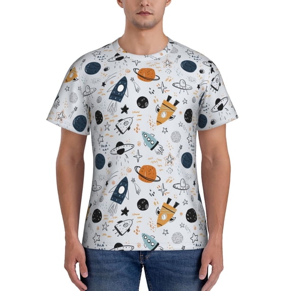Yiaed Cartoon Planets Print Mens Short Sleeve Tight Fit T-Shirt, Crewneck Casual Tee-XX-Large