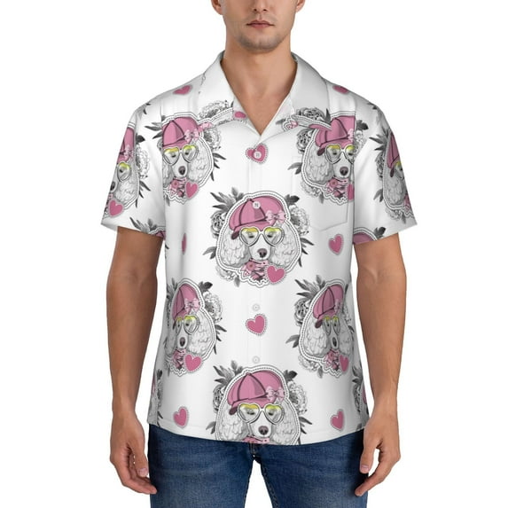 Yiaed Cartoon Poodle Dog Print Hawaiian Shirt for Men Short Sleeve Button Down Shirts Beach Shirts for Men-Large