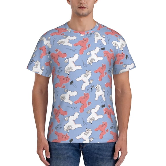 Yiaed Cartoon Poodle Dog Print Mens Short Sleeve Tight Fit T-Shirt, Crewneck Casual Tee-X-Large