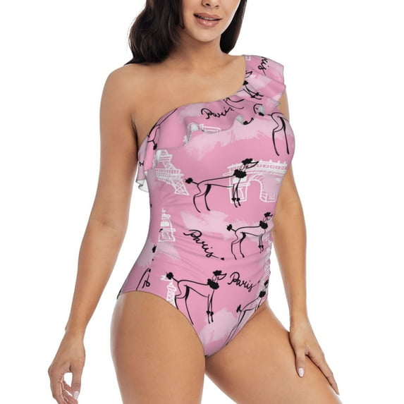 Yiaed Cartoon Poodle Dog Print Women One Piece Swimsuits Tummy Control One Shoulder Bathing Suits Pattern Ruffle Swimwear-Small