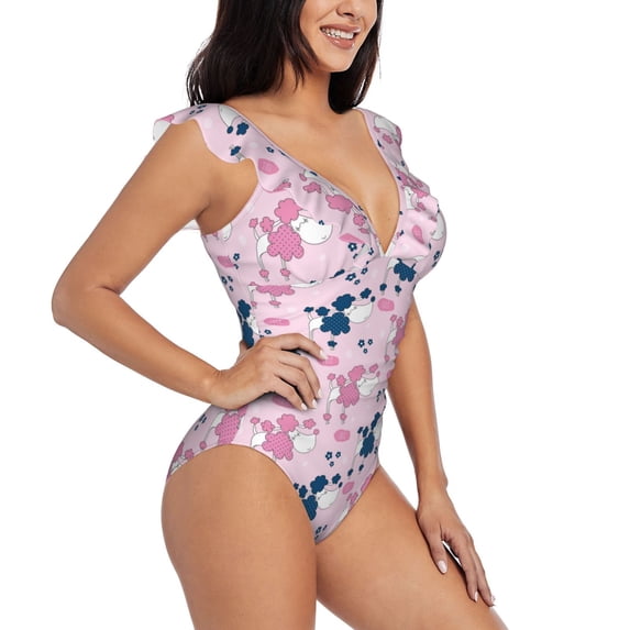 Yiaed Cartoon Poodle Dog Print Women's Ruffled One Piece Swimsuit V Neck Swimwear Slimming Monokini for Woman-X-Large
