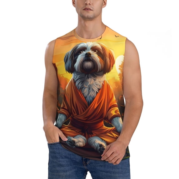 Yiaed Cartoon Puppy Sunset Print Men's Singlet Vests Summer Running Muscle Tank Tops Gym Undershirt Round Neck Sleeveless for man