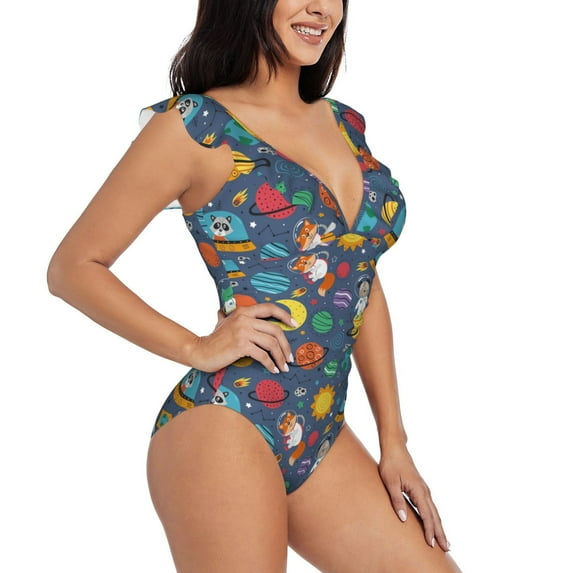 Yiaed Cartoon Space Print Women's Ruffled One Piece Swimsuit V Neck Swimwear Slimming Monokini for Woman-XX-Large