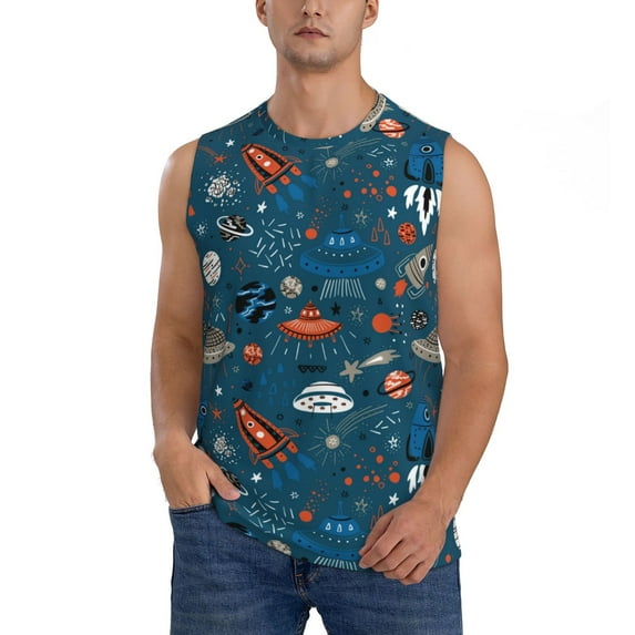 Yiaed Cartoon Space1 Print Men's Singlet Vests Summer Running Muscle Tank Tops Gym Undershirt Round Neck Sleeveless for man