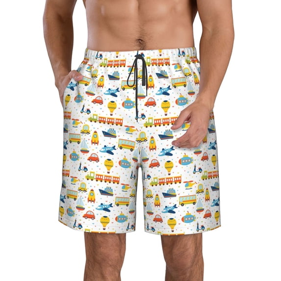 Yiaed Cartoon Transport Print Men's Swim Trunks with Lining Quick Dry Sports Shorts Beach Shorts Boardshorts-XX-Large