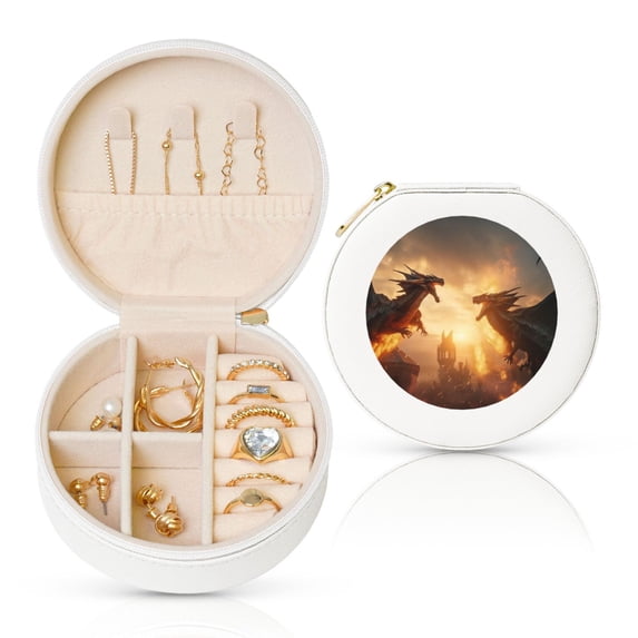 Yiaed Castle Cool Fire Dragon Print Travel Jewelry Case Bridesmaid Gift Boxes Jewelry Travel Organizer Small Round Jewelry Box Mini Storage-White