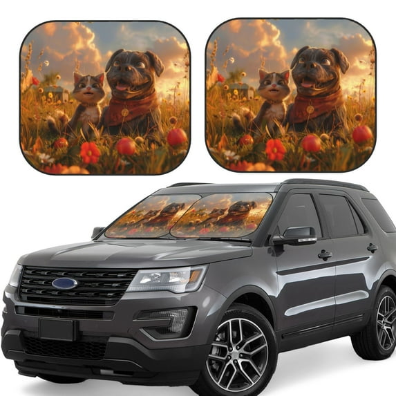 Yiaed Cat Dog Friendship Print Car Front Windshield Sun Shade,Foldable Anti-UV Car Sunshade for Front Window for Most Vehicles-Medium