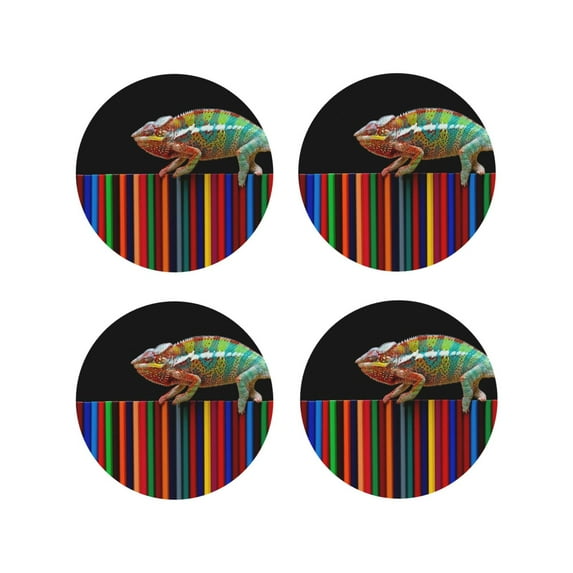 Yiaed Chameleon Panther On Colored Pencils Print Leather Coasters for Drinks - Cup Coasters Coffee Table Kitchen Table Bar, Home & Office Gifts Handmade Drink Coasters-Round Shape