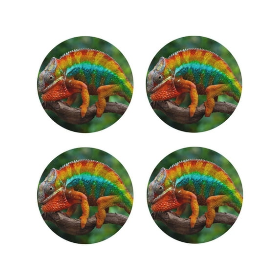 Yiaed Chameleon Print Leather Coasters for Drinks - Cup Coasters Coffee Table Kitchen Table Bar, Home & Office Gifts Handmade Drink Coasters-Round Shape