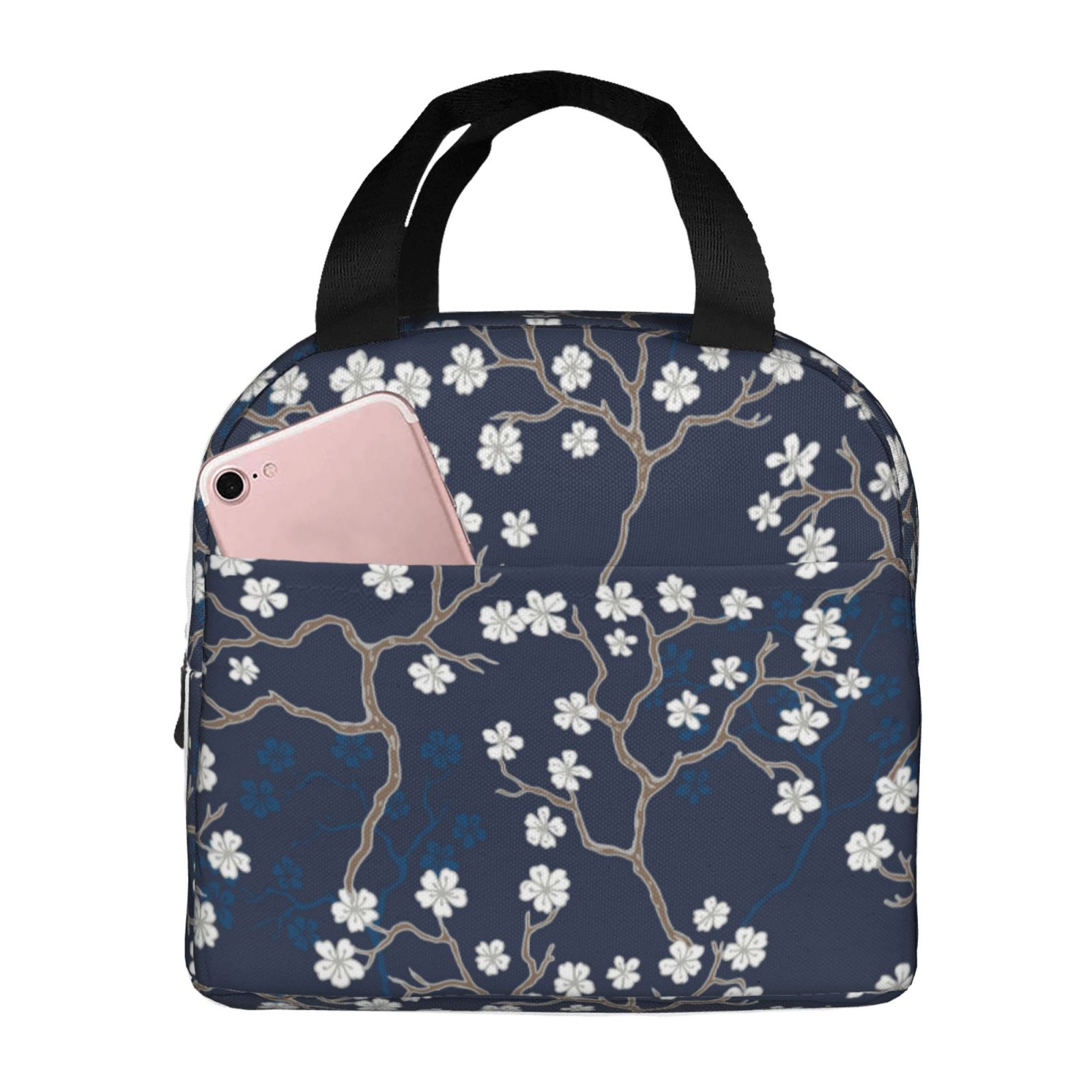 Yiaed Cherry Blossoms on Navy Background Print Insulated Lunch Bag ...