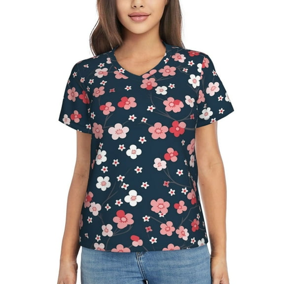 Yiaed Cherry Blossoms Print Women's T Shirt V-Neck Short Sleeve Shirt Casual Breathable Tee Summer Tops-Large