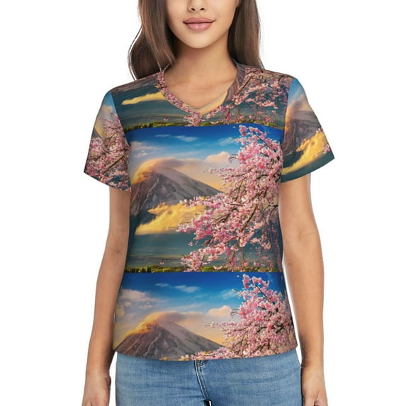 Yiaed Cherry Blossoms Print Women's T Shirt V-Neck Short Sleeve Shirt Casual Breathable Tee Summer Tops-Medium
