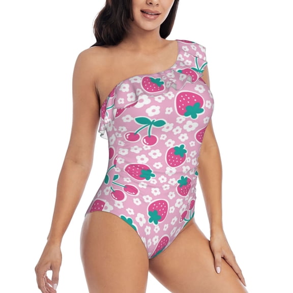 Yiaed Cherry Strawberry Print Women One Piece Swimsuits Tummy Control One Shoulder Bathing Suits Pattern Ruffle Swimwear-XX-Large