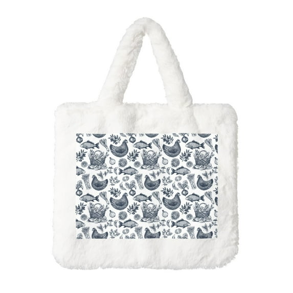 Yiaed Chicken And Fish Print Fluffy Shoulder Bag Plush Bags Women Ladies Tote Bag Fluffy White Furry Purse Handbag for Autumn and Winter