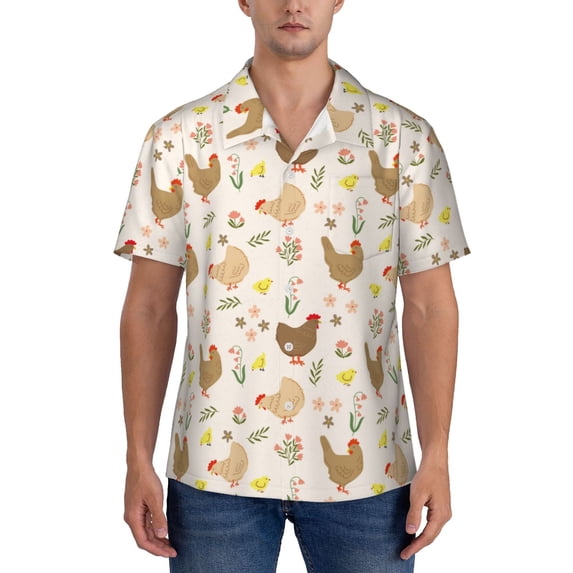 Yiaed Chicken Family Print Hawaiian Shirt for Men Short Sleeve Button Down Shirts Beach Shirts for Men-X-Large