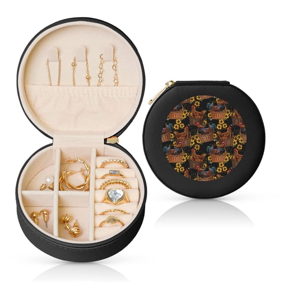 Yiaed Chicken Rooster Print Travel Jewelry Case Bridesmaid Gift Boxes Jewelry Travel Organizer Small Round Jewelry Box Mini Storage-Black
